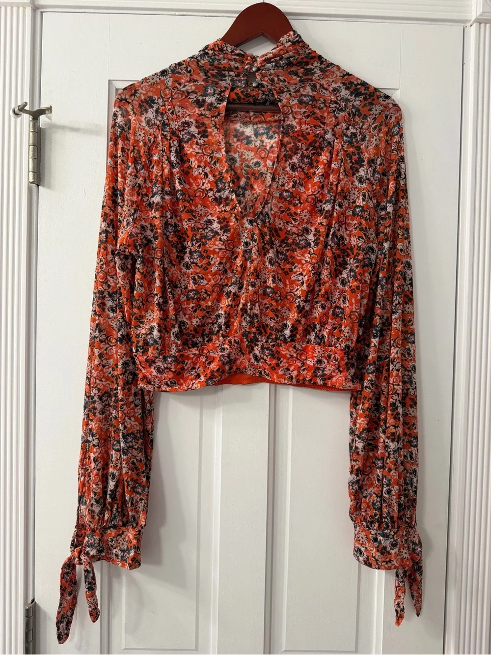 Free People Orange Floral Mock Neck Long Sleeve Crop Top
